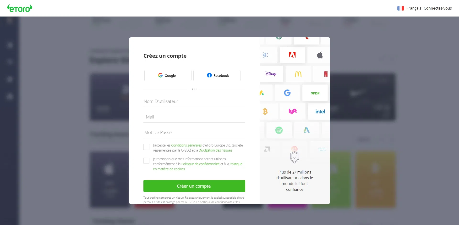 créer un compte sur etoro avec un mail facebook ou google