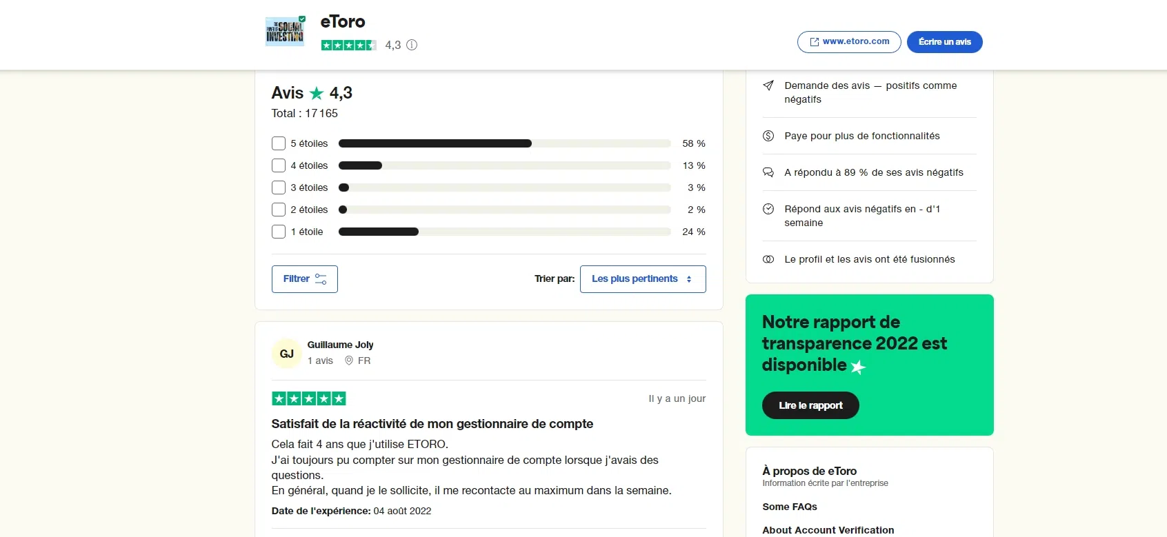 les retours des utilisateurs d’etoro sur truspilot notes sur 5