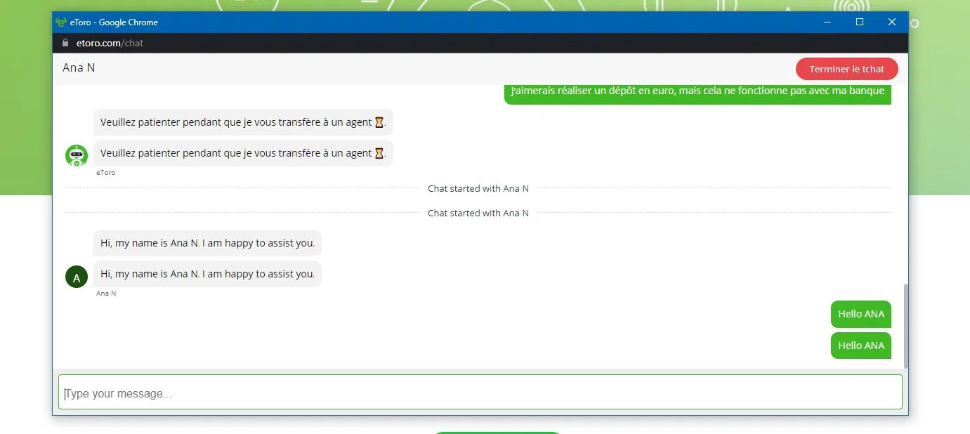 réponse chat client en direct sur etoro assistance