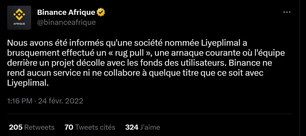 le tweet de binance afrique sur le cas liyeplimal et son token