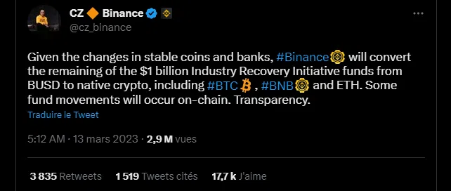 le tweet de cz binance sur le changement des fonds d’urgence