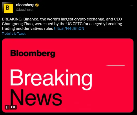 Article bloomberg sur la poursuite de Binance par la CFTC