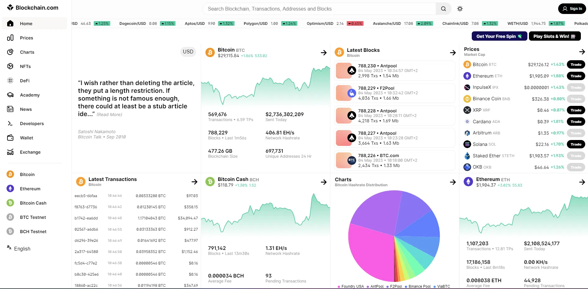 les informations sur le réseau bitcoin via blockchain.com