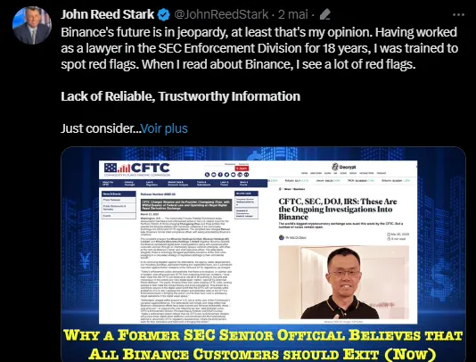 Le Tweet de Jogn Reed Stark sur Binance