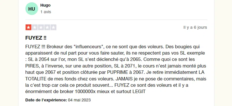 les avis d’un utilisateur sur trustpilot à propos de pu prime