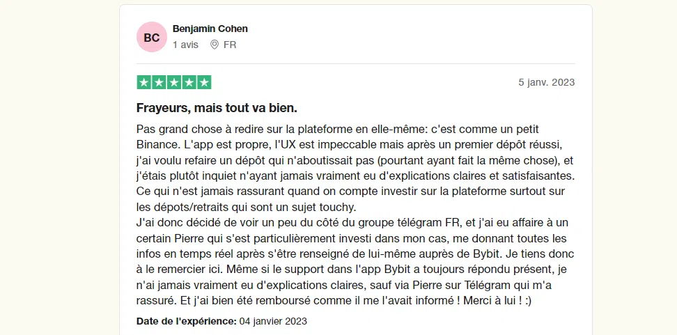 Avis positif l’avis positif de benjamin concernant bybit