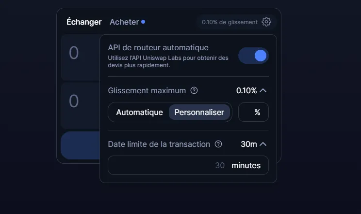 Modifier le slippage sur le DEX