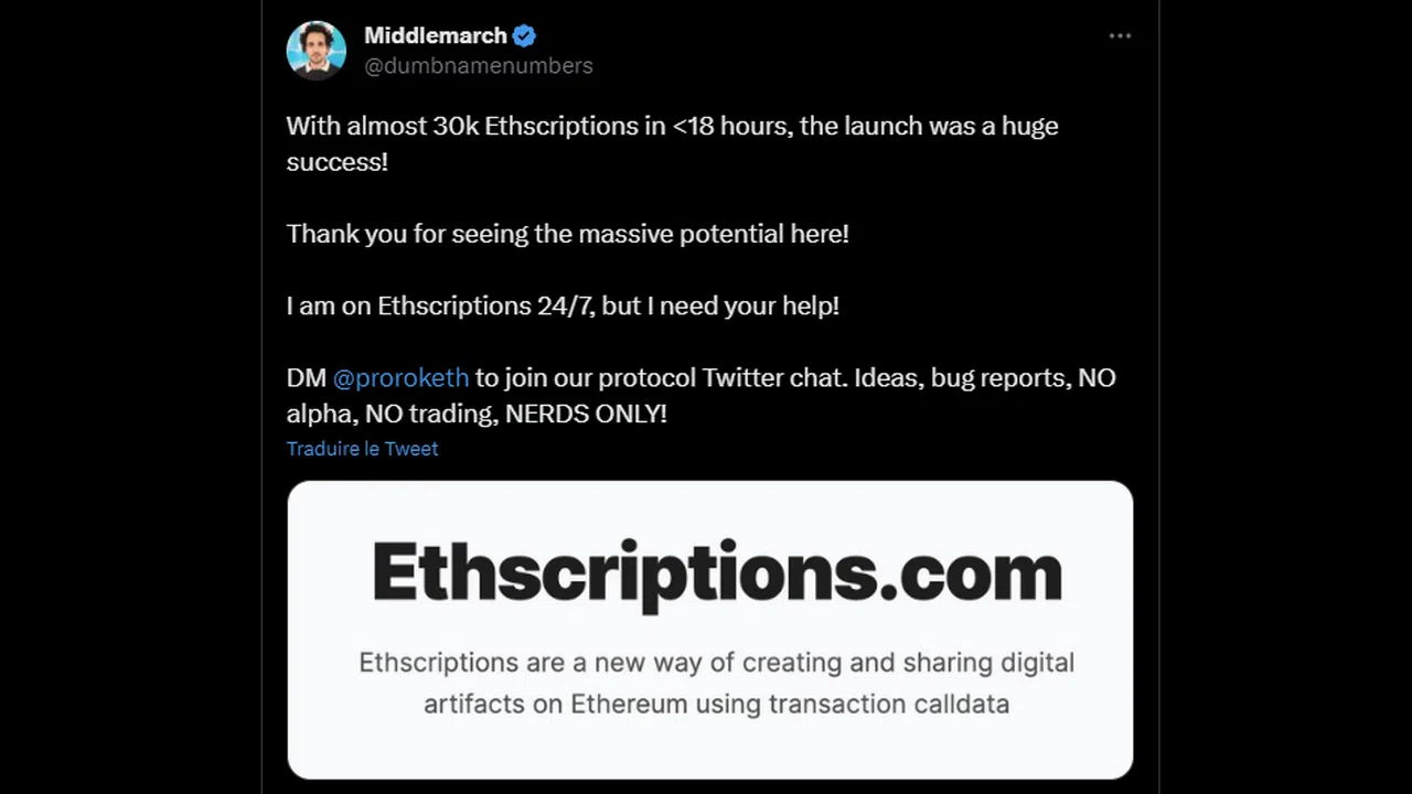 le tweet de middlemarch sur les ethscriptions