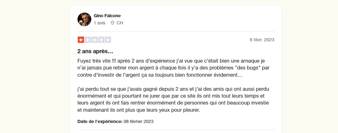 l'avis d'un utilisateur sur trustpilot