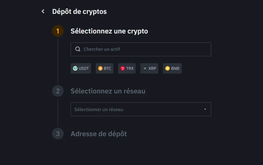 Dépôt Crypto Déposer des cryptos sur Binance