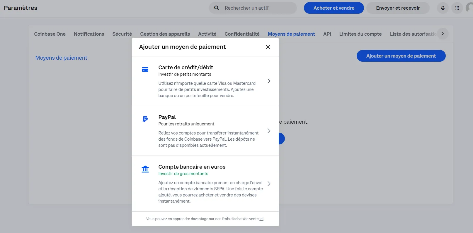 Ajouter un moyen de paiement et de retrait sur Coinbase