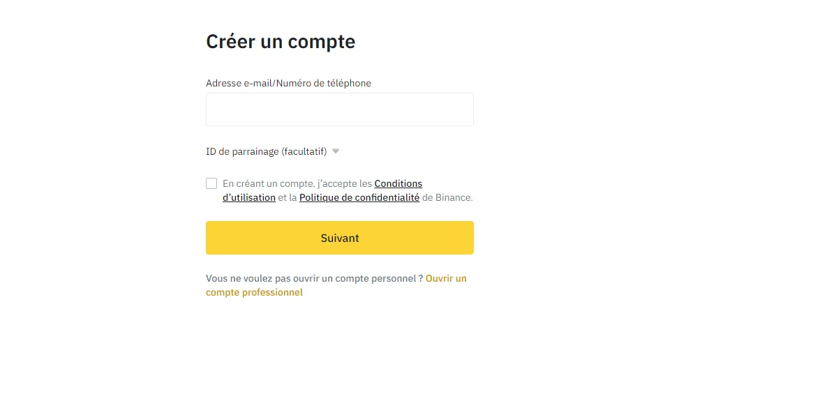 création compte binance