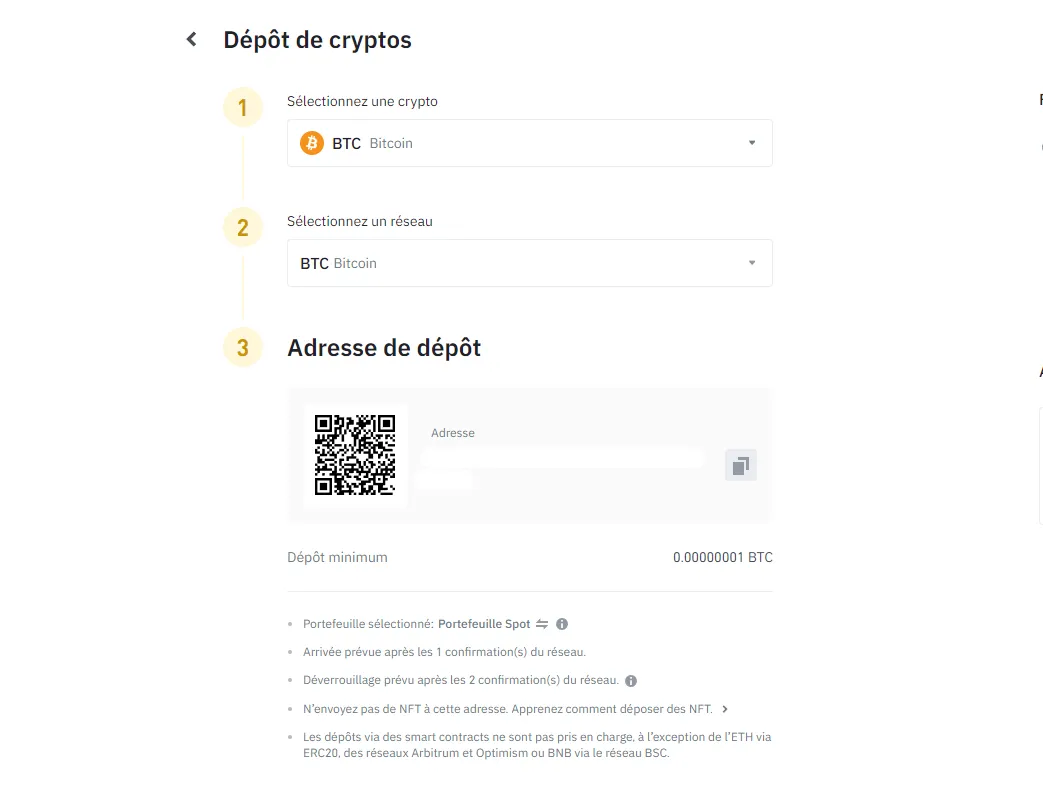 Faire un dépôt de crypto Binance