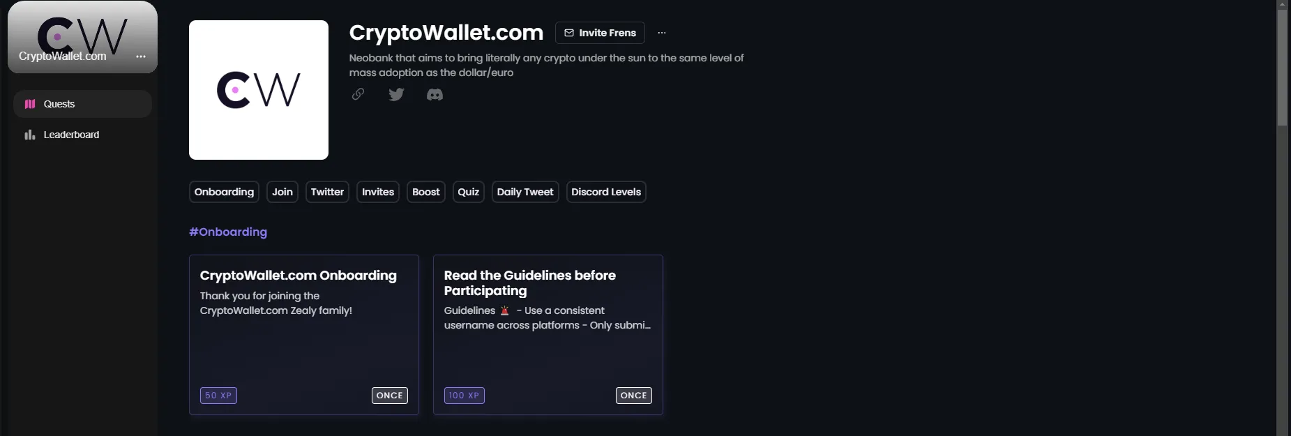 Les quêtes Zealy de CryptoWallet