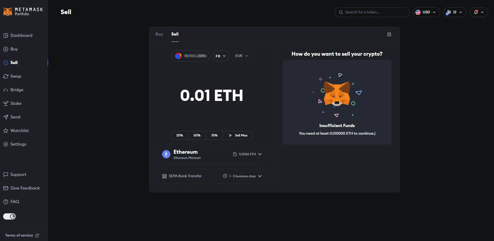 vendre ses ethereum sur le portfolio metamask