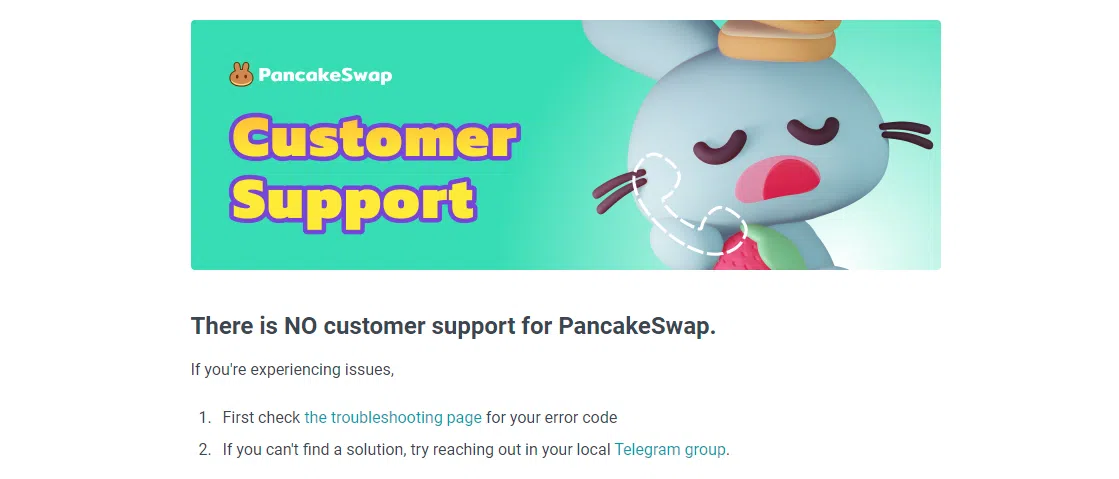 aucun support client sur pancakeswap
