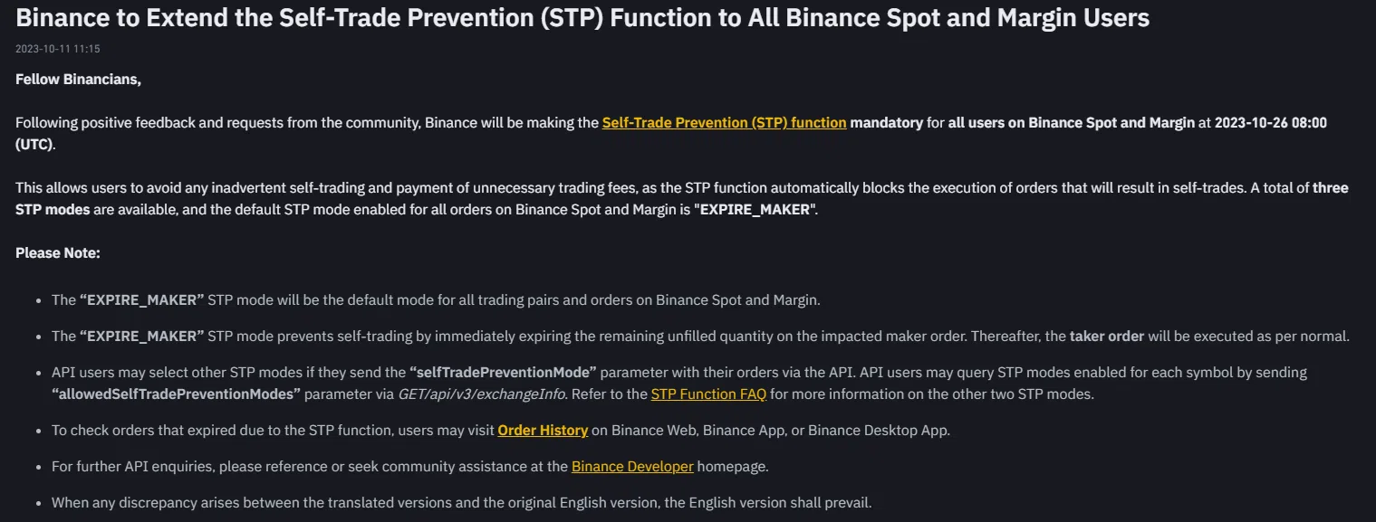 la note de blog de binance pour prévenir de la fonction stop sur la plateforme