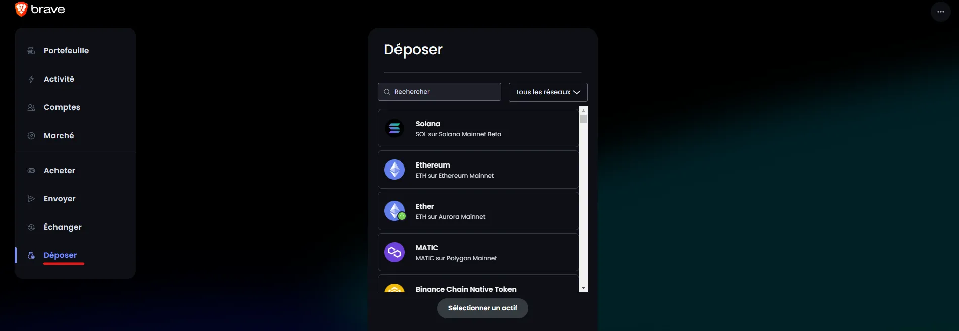 déposer des cryptomonnaies sur Brave Wallet