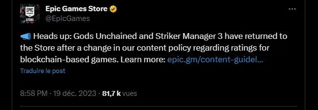 tweet sur le jeu gods unchained de epic games 
