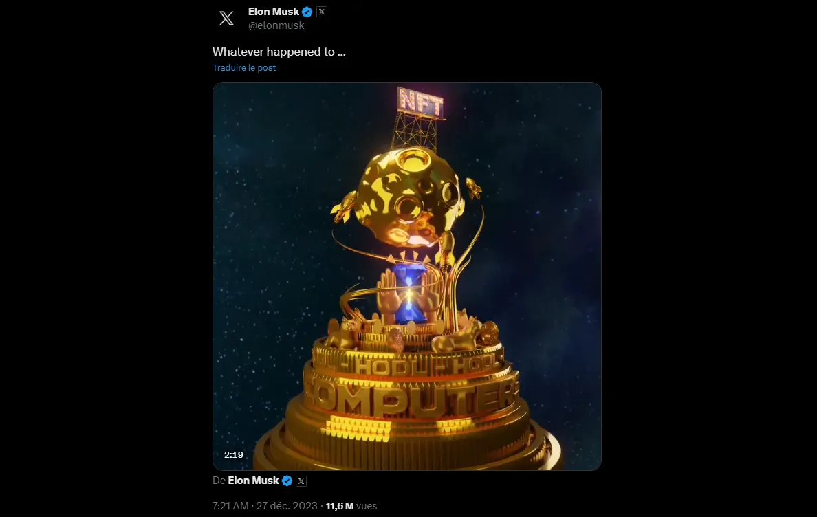 Tweet X Elon Musk NFT commémoratif jeton non-fongible crypto bull run