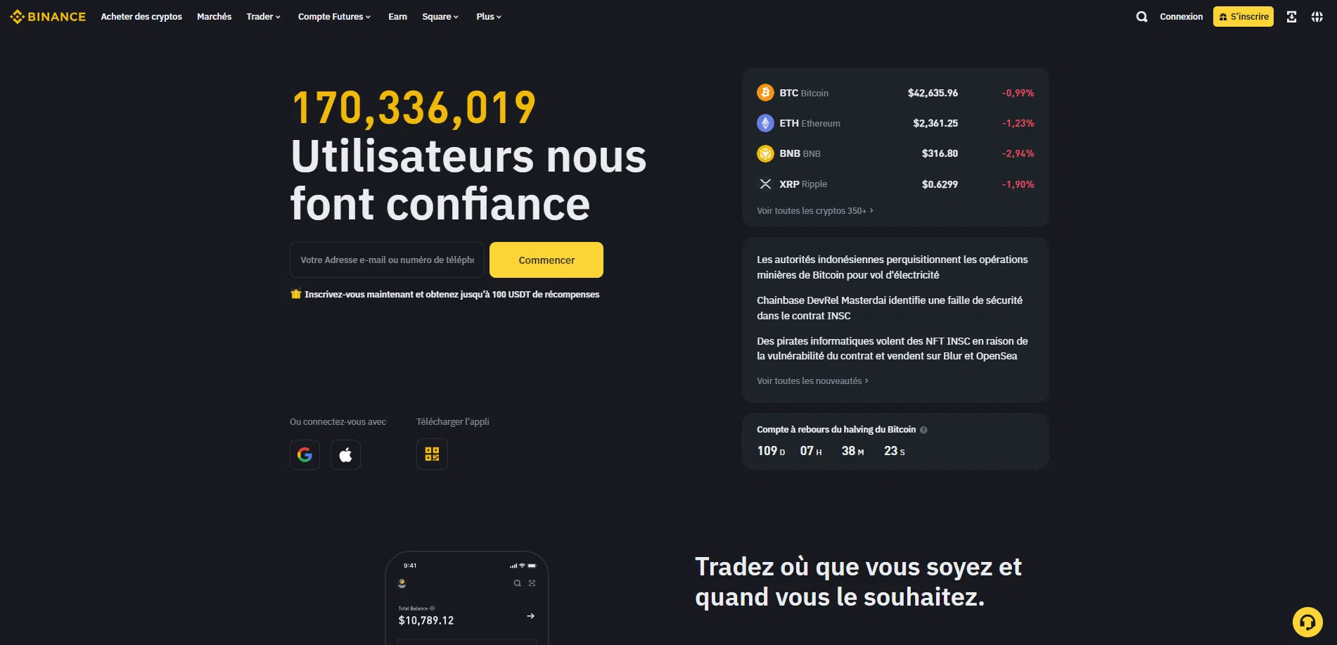 page d’accueil de l’exchange binance