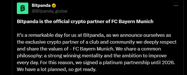 annonce de bitpanda sur twitter x pour le partenariat