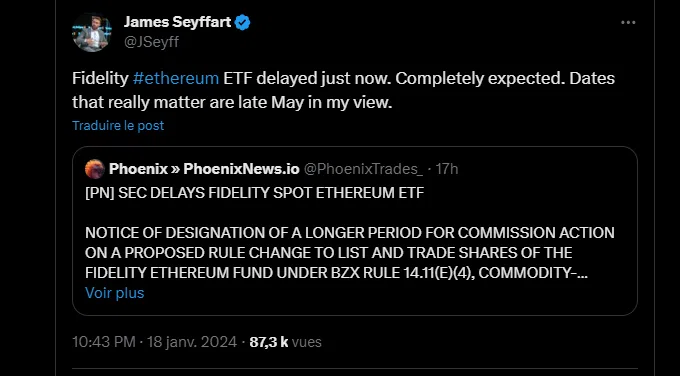 tweet de james seyffart sur les etf ethereum