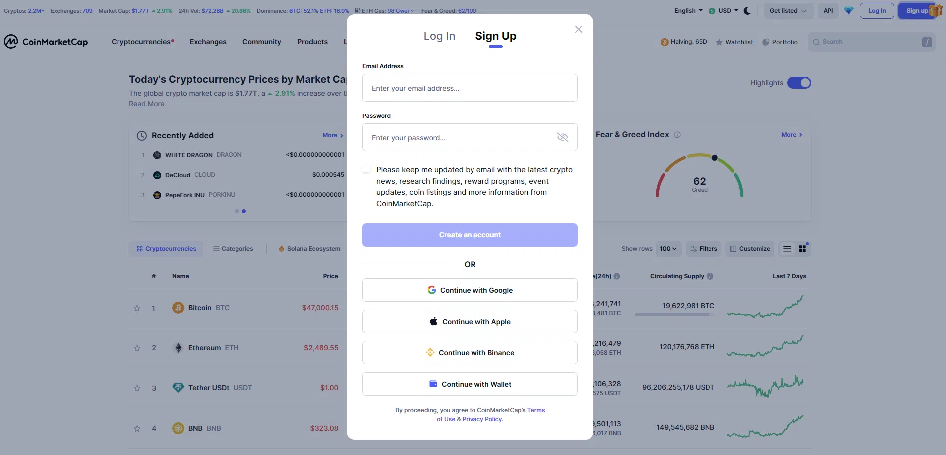 comment s’inscrire sur coinmarketcap