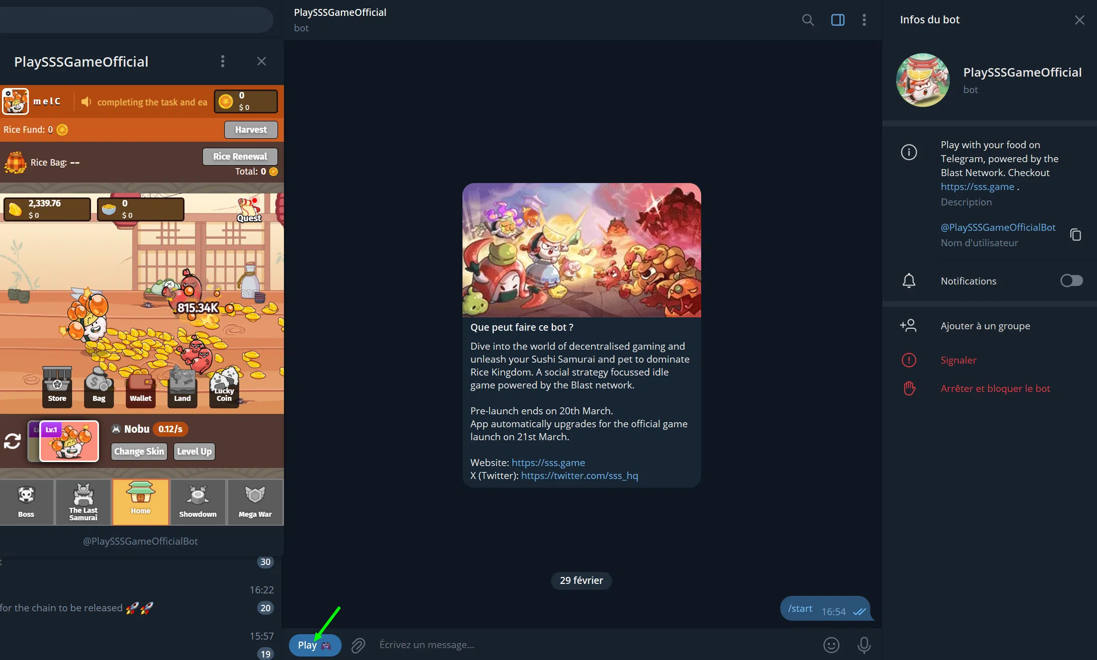 comment lancer le jeu telegram super sushi samurai