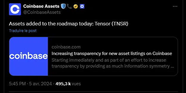 tweet de coinbase tensor tnsr