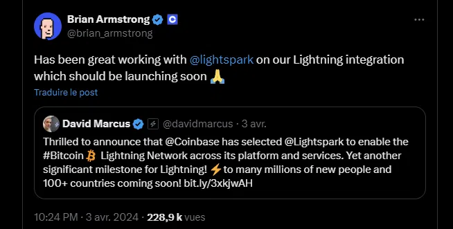 le tweet de brian armstrong coinbase bitcoin
