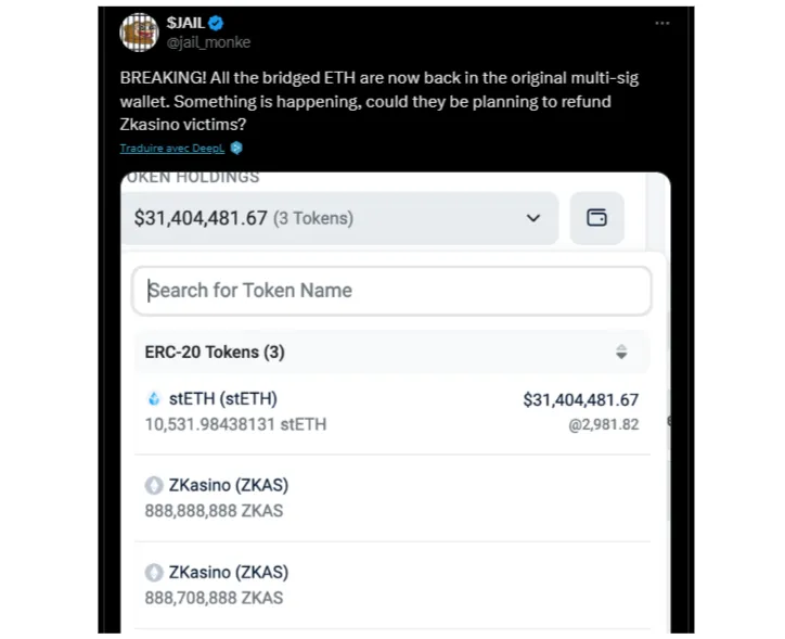 tweet zkasino fonds retrouvés