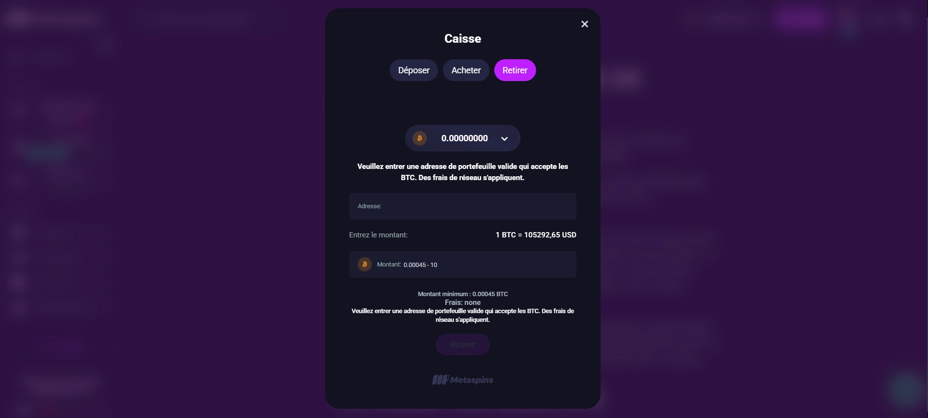 Retirer en crypto sur Metaspins