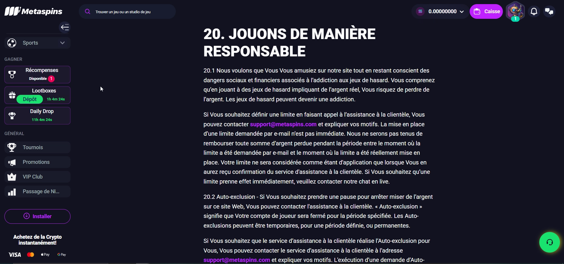 Le jeu responsable sur Metaspins