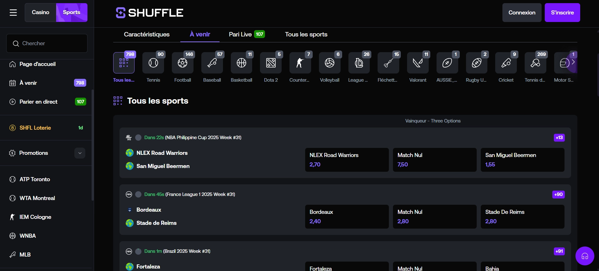 Les paris sportifs de Shuffle Casino