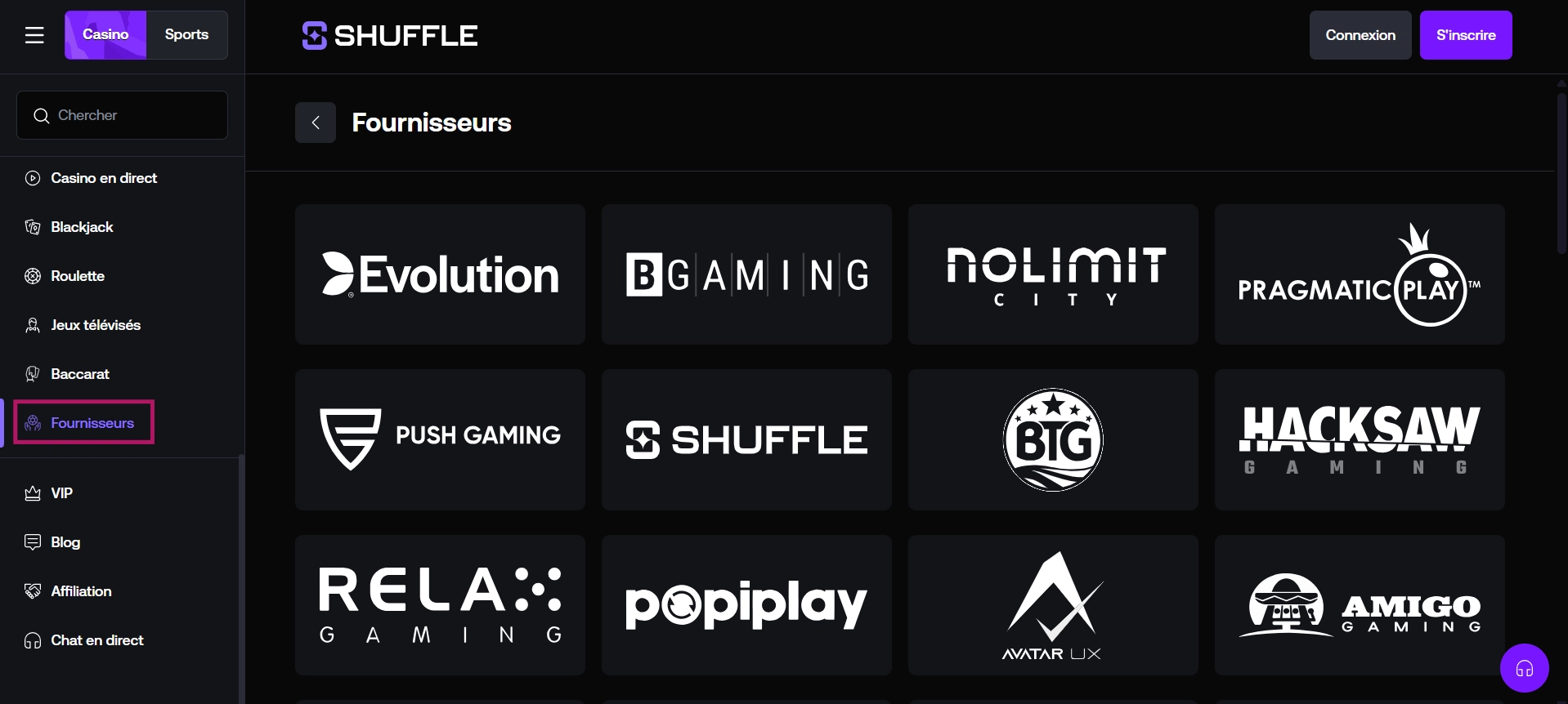Les fournisseurs de Shuffle Casino