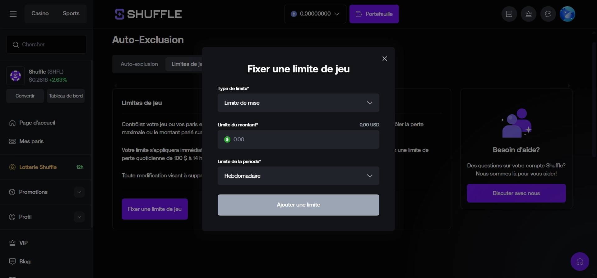 Les limites de jeu sur Shuffle Casino