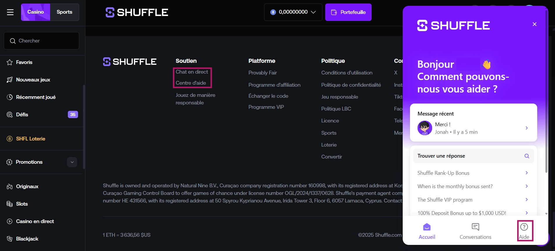 Le service client de Shuffle Casino