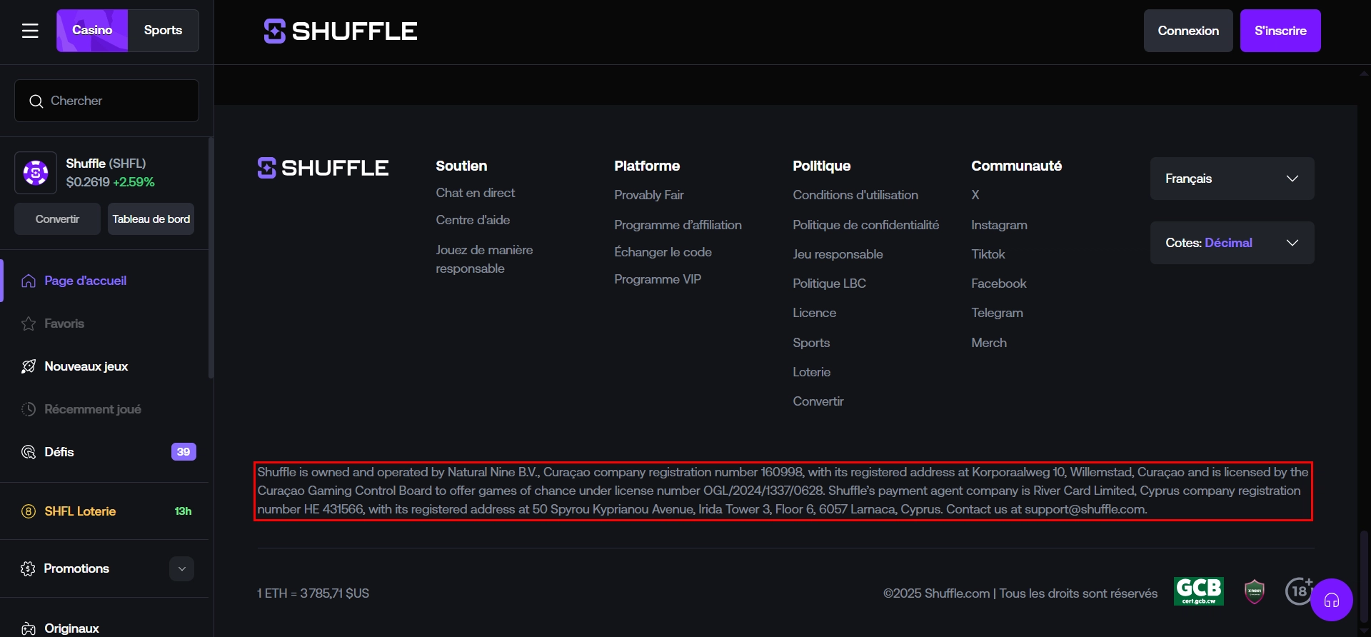 La licence Curacao sur Shuffle Casino