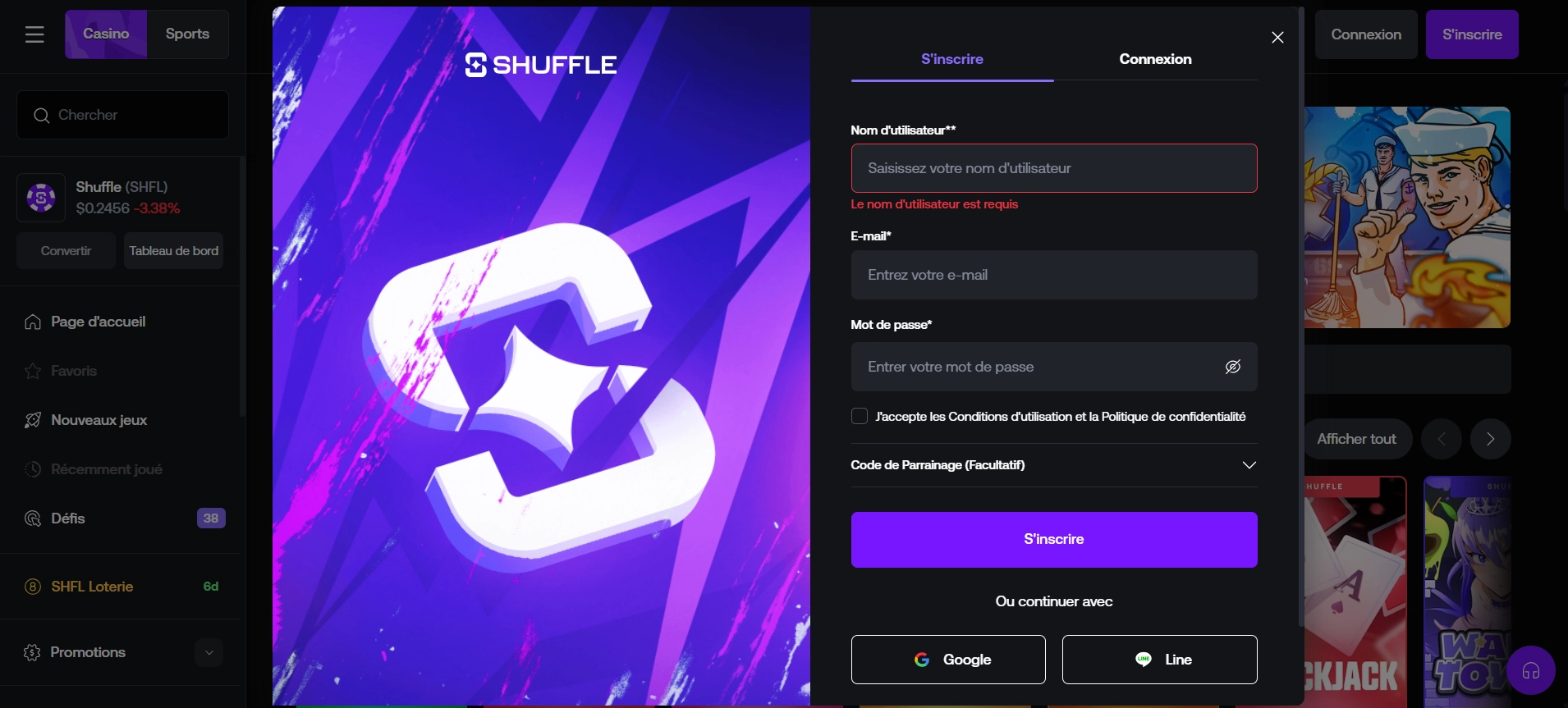 Fenêtre d'inscription de Shuffle Casino