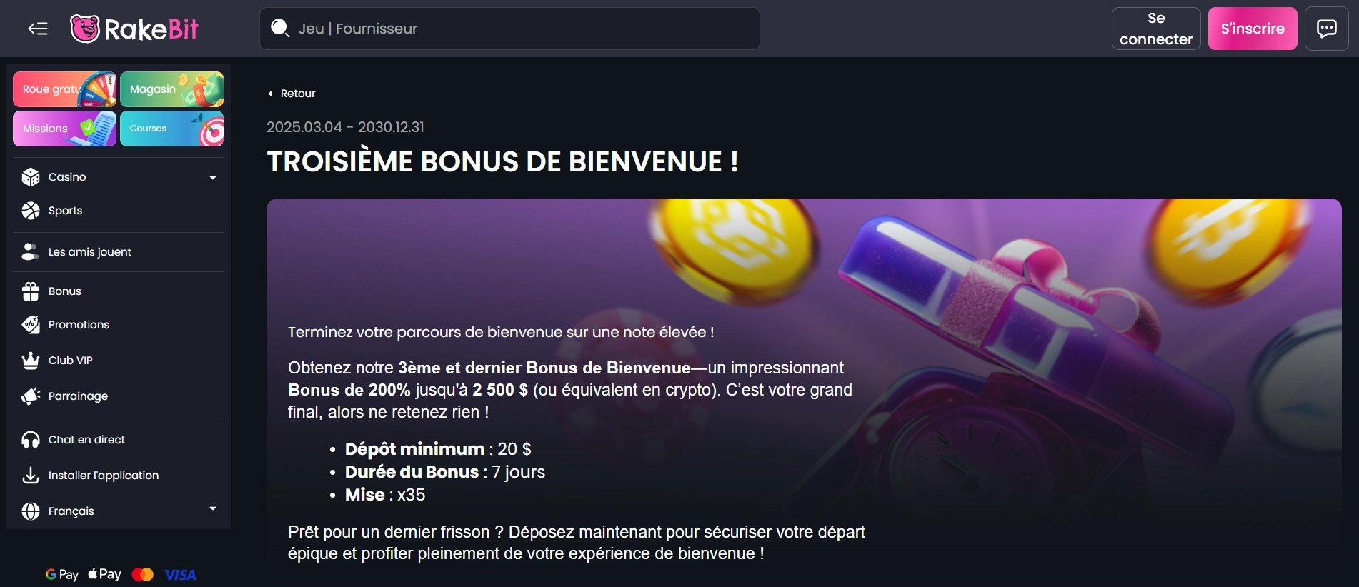 Le bonus de bienvenue de Rakebit