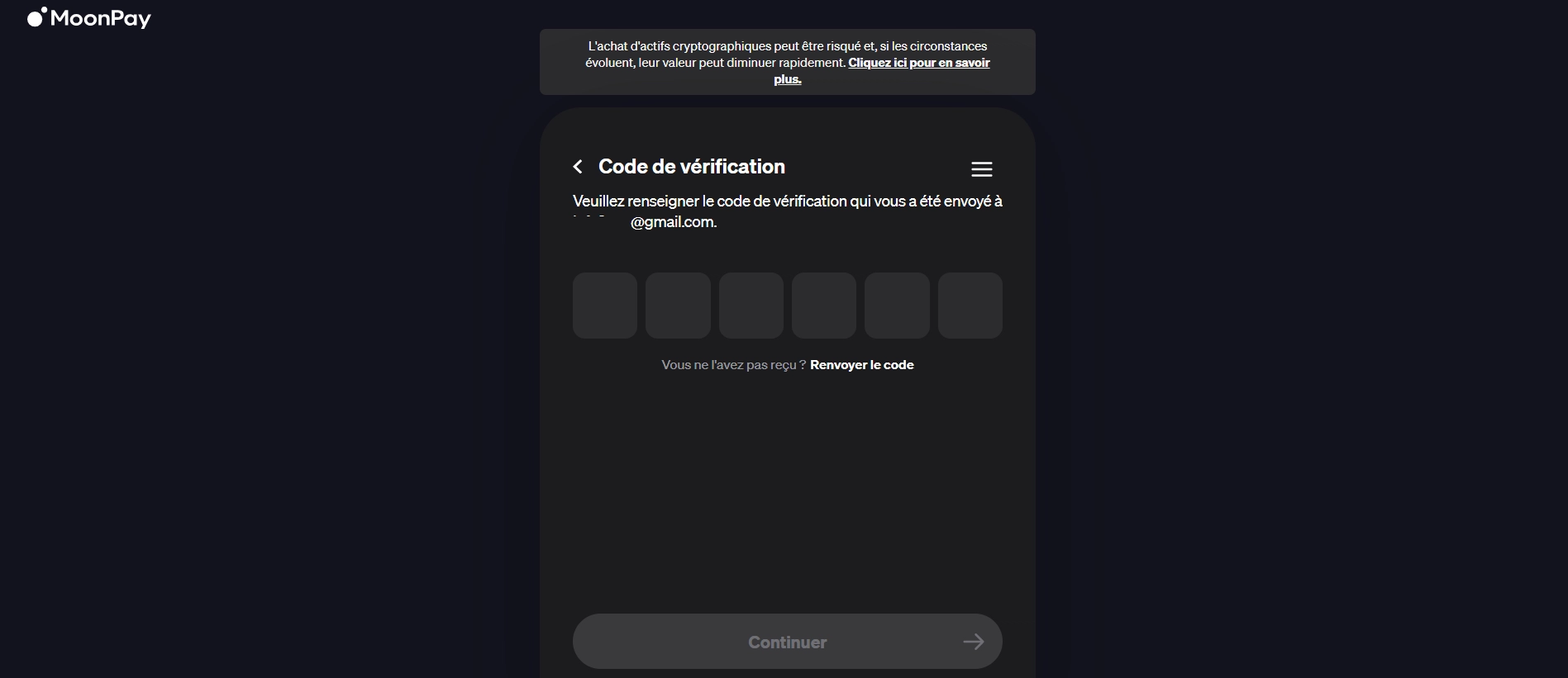 Code de vérification MoonPay