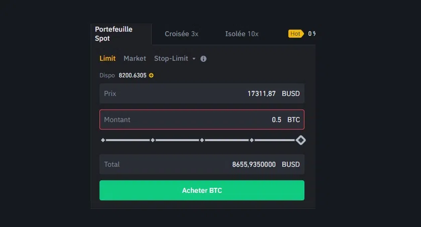 ordre d’achat sur le btc en limit