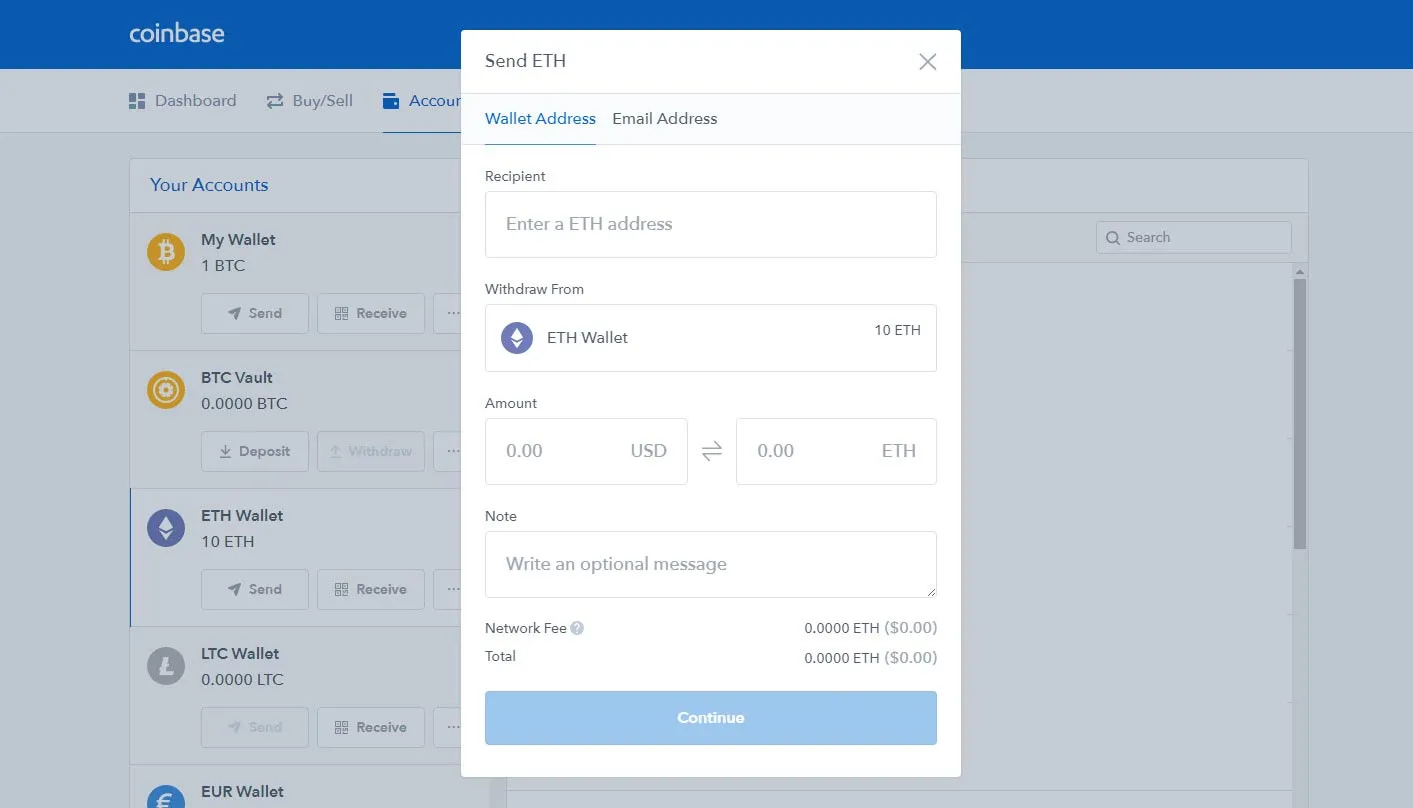 Remplir l'adresse sur le formulaire de Coinbase et procéder au transfert de fonds