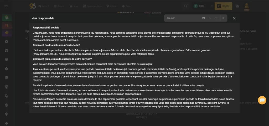 Le Jeu responsable sur 96 Casino
