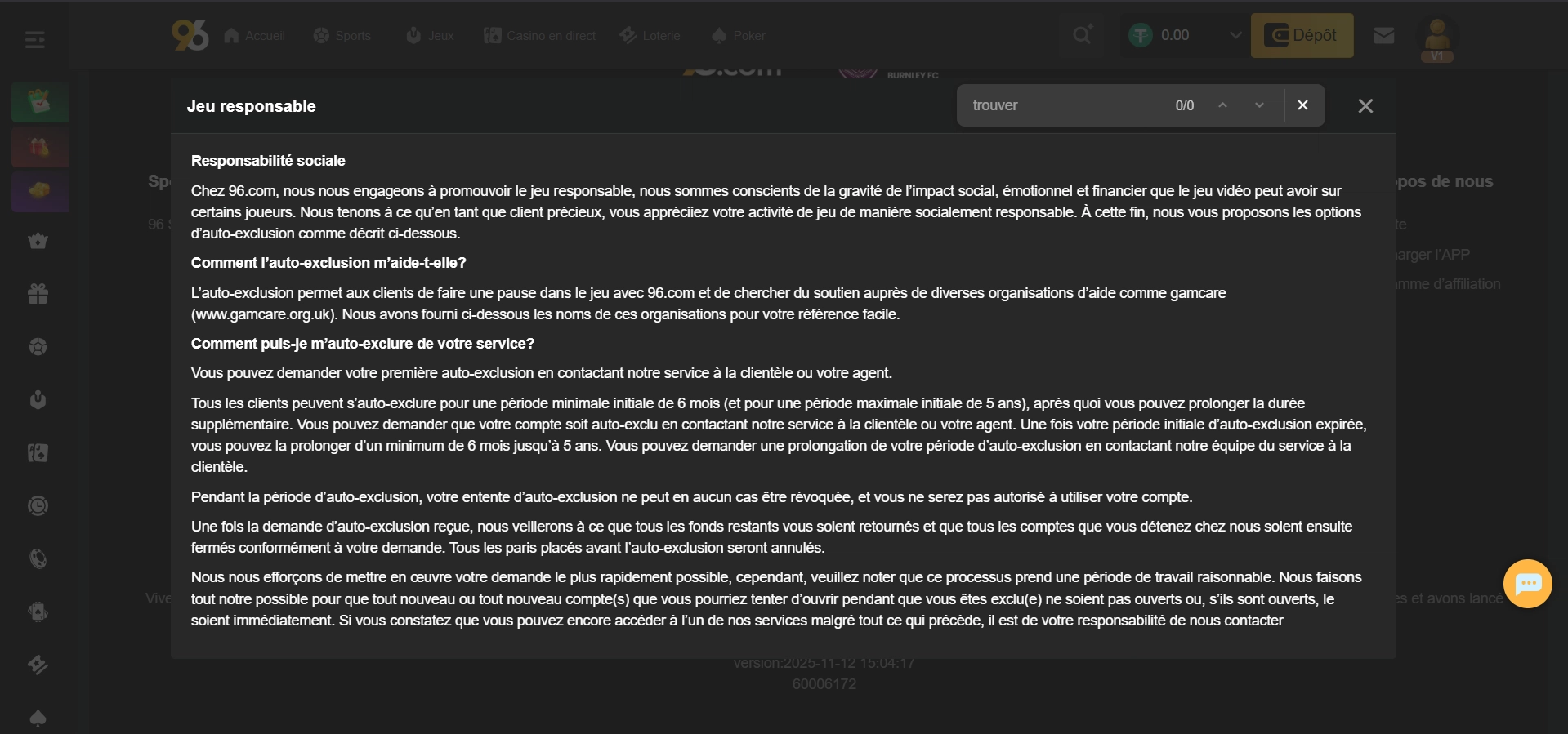 Le Jeu responsable sur 96 Casino