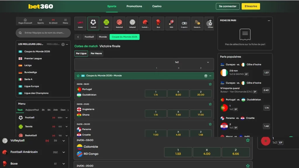 Catalogue de sports sur Bet360 Casino